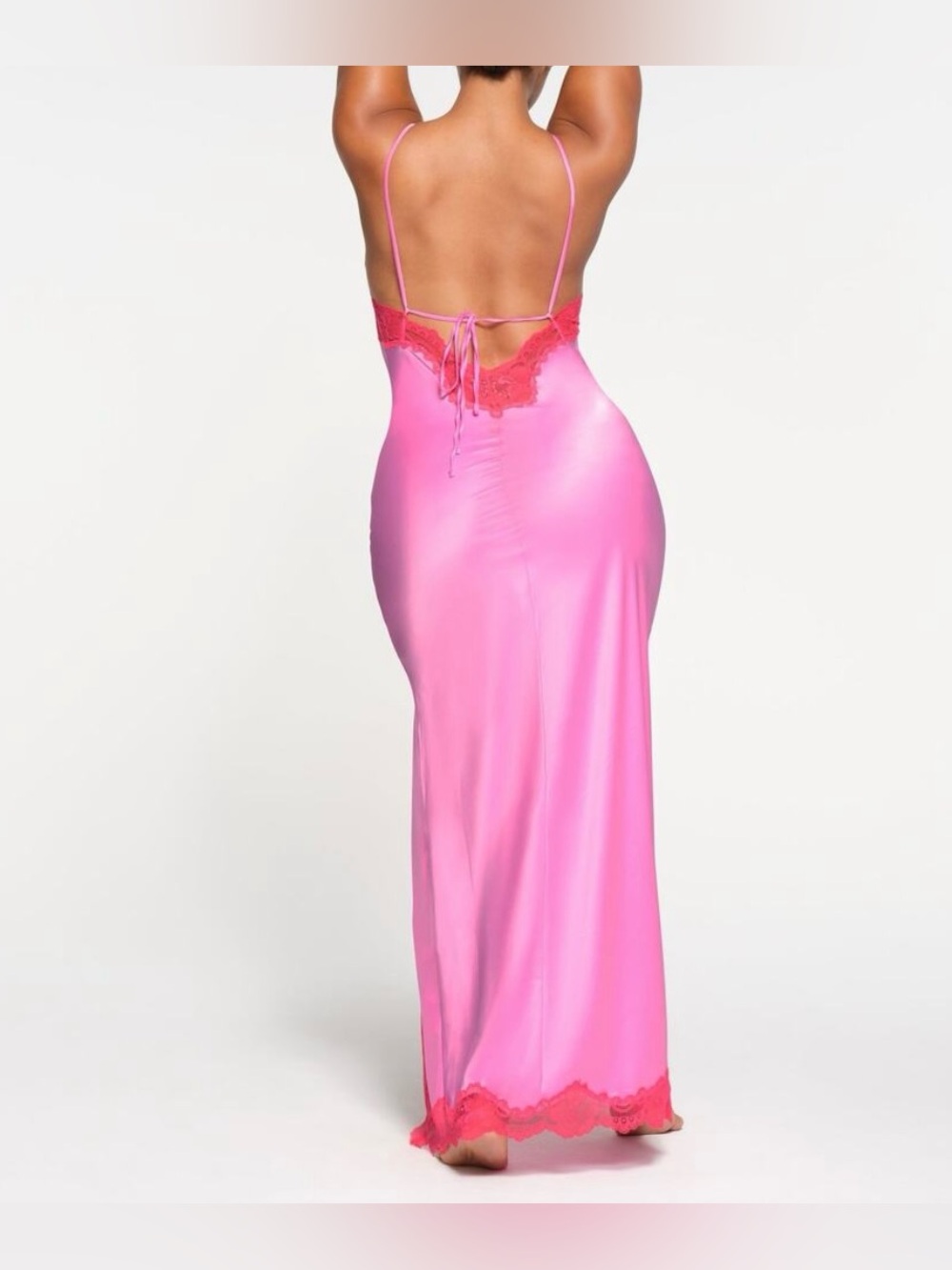 SKIMS Stretch Satin Lace Long Neon Orchid Pink Dress - Picture 3 of 9